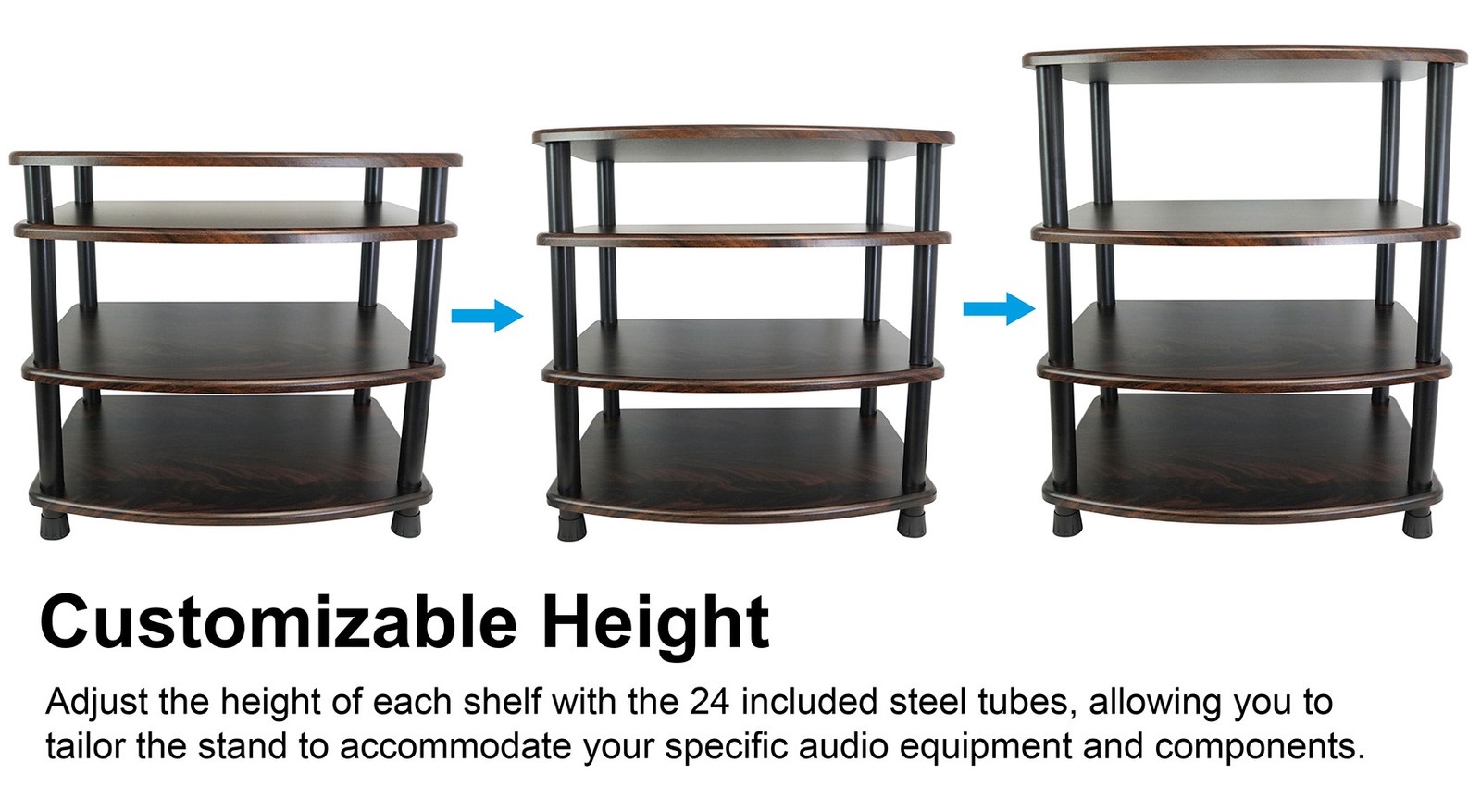 Rockville FLX Dark Wood Adjustable Height 4 Shelf Home Theater Audio Rack Stand