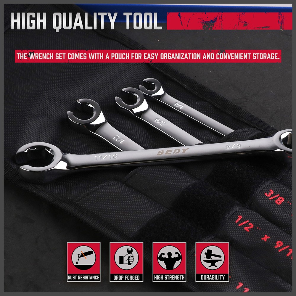 8Pcs Flare Nut Wrench Set Offset End Spanner Metric SAE Portable Organizer Pouch