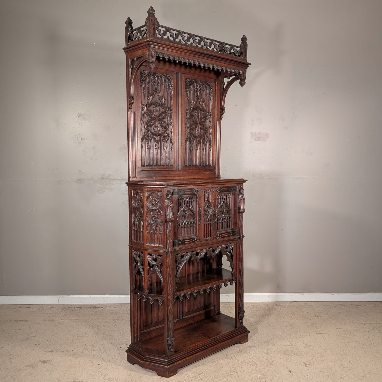 Premium Quality Antique French Gothic Carved Walnut Cabinet Pedestal