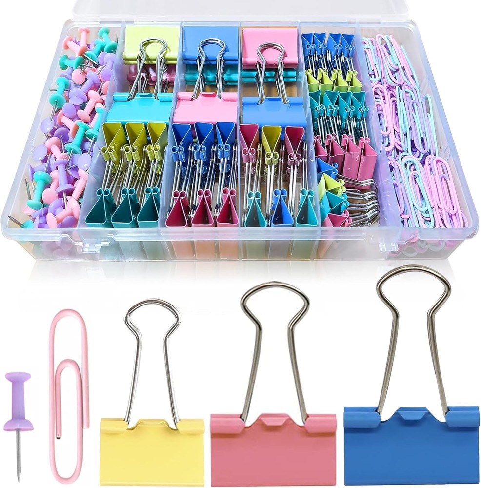 Paper Clips and Binder Clips Assorted Sizes, Colored Office Clips Set