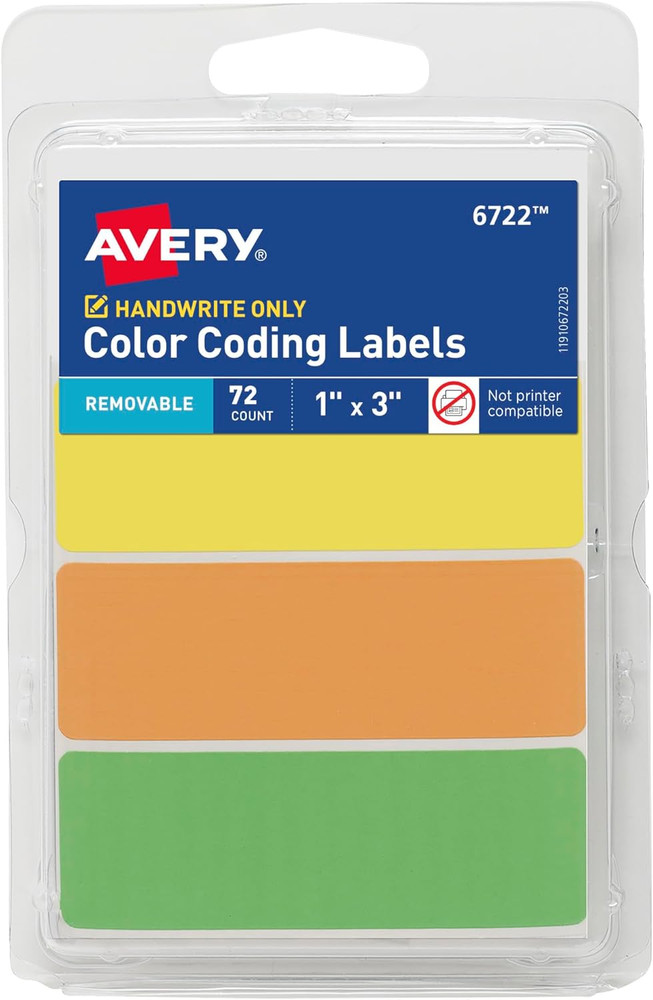 Color-Coding Removable Labels,1"X 3",Assorted Neon Colors, Non-Printable,72 Blan
