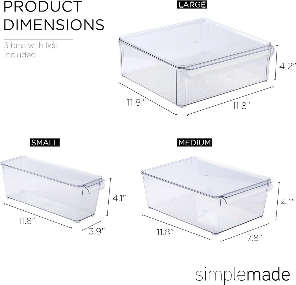SIMPLEMADE Clear Refrigerator Organizer Bins with Lids - Stackable 3
