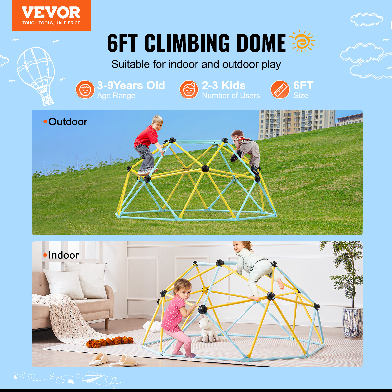 VEVOR Climbing Dome 6FT Geometric Dome Climber Jungle Gym for Kids 3-9 Years