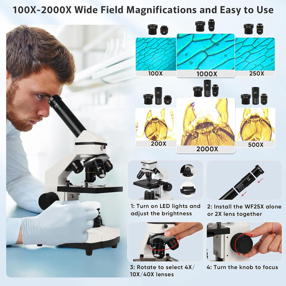 Compound Microscope for Kids 8-12 100X-2000X Microscope Kit Slides Covers Lab