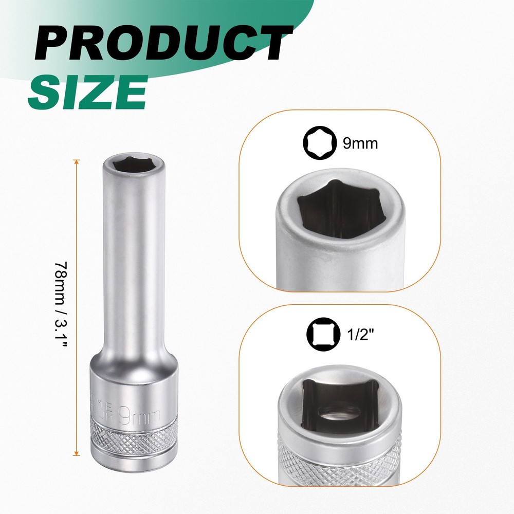 2pcs 6 Points Deep Socket 1/2" Drive 9mm Nickel Plating Hex Socket 3.1" Long