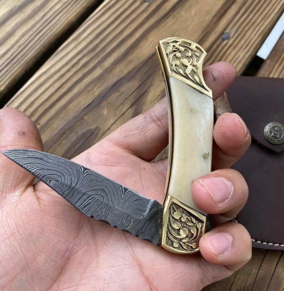 EDC Handmade Damascus Folding Blade Pocket Knife Back Lock Camel Bone Handle