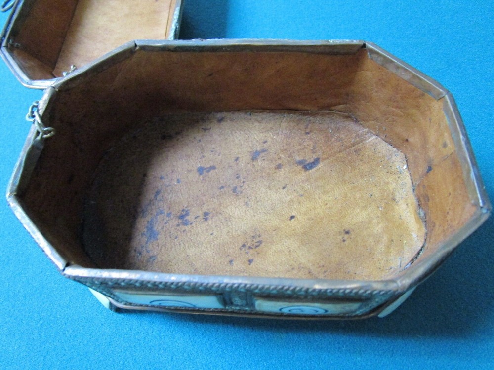 Middle Eastern antique camel bone brass handmade footed box leather original