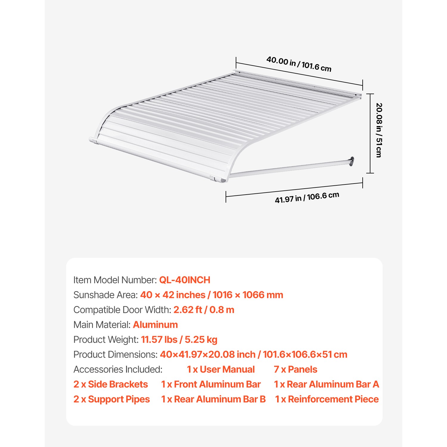 Window Awning Door Canopy 40x42 in Aluminum Alloy Front Door Awnings Anti-Rust