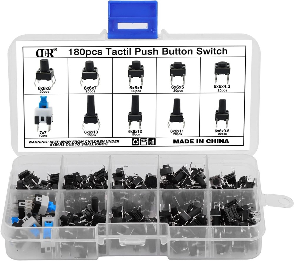 180Pcs Tactile Push Button Switch Assortment Kit, 10 Values 6x6mm 4-Pin Micro...