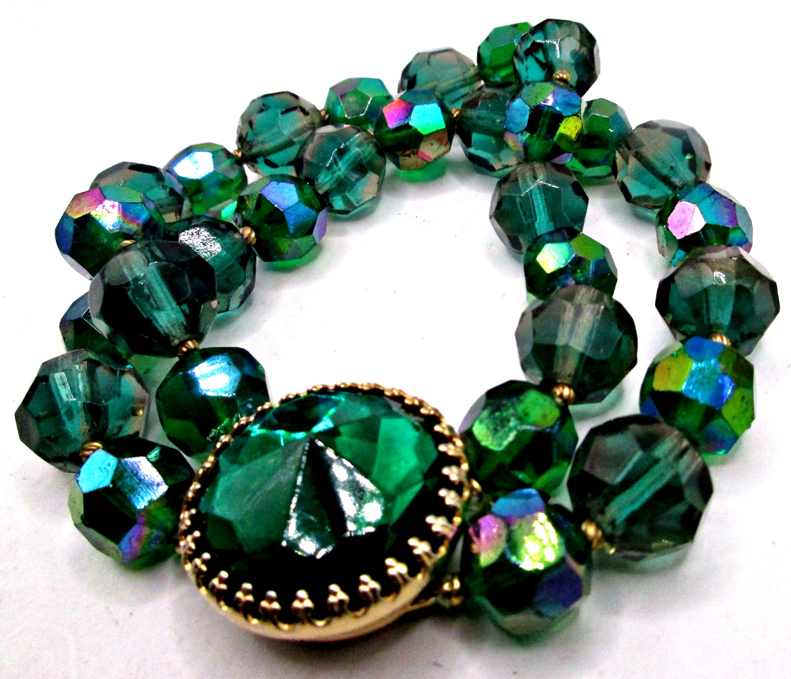 Vintage 50s Signed Hattie Carnegie Green Aurora Borealis AB Crystals Bracelet