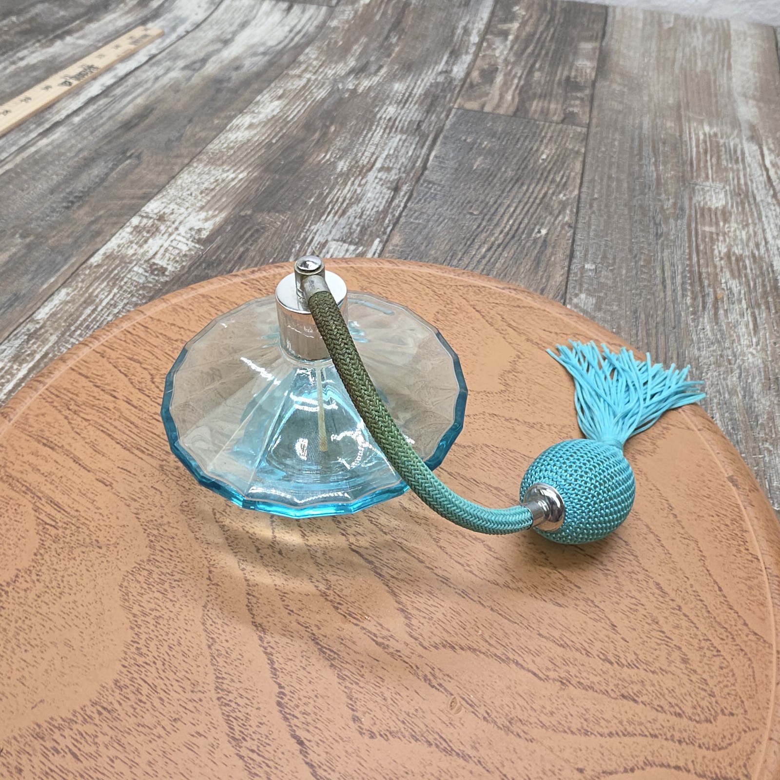 Vintage 4" Diameter Blue Perfume Bottle Atomizer With Tassle Glamor Era