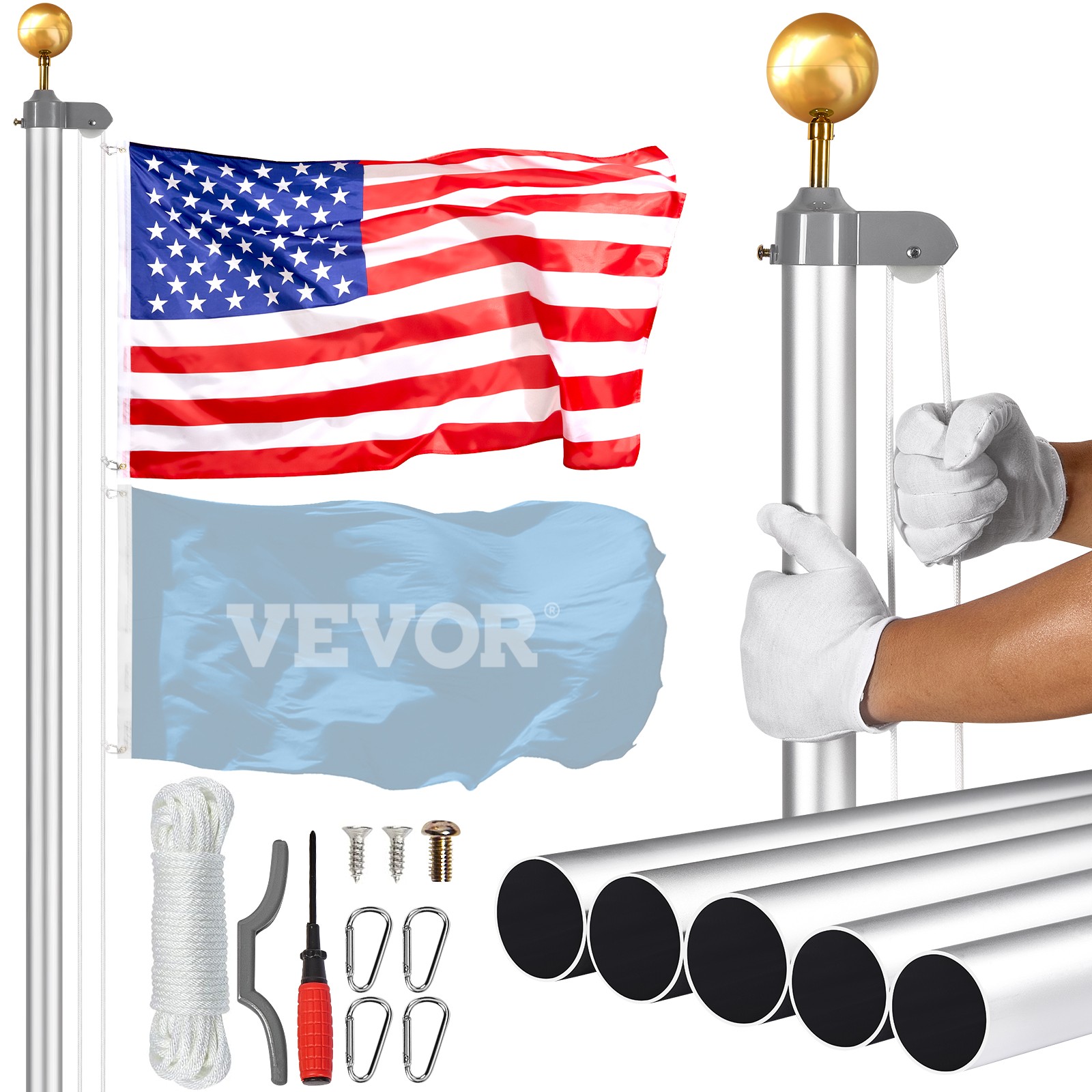25FT Detachable Flagpole Kit Heavy Duty Aluminum Flag Pole American Silver