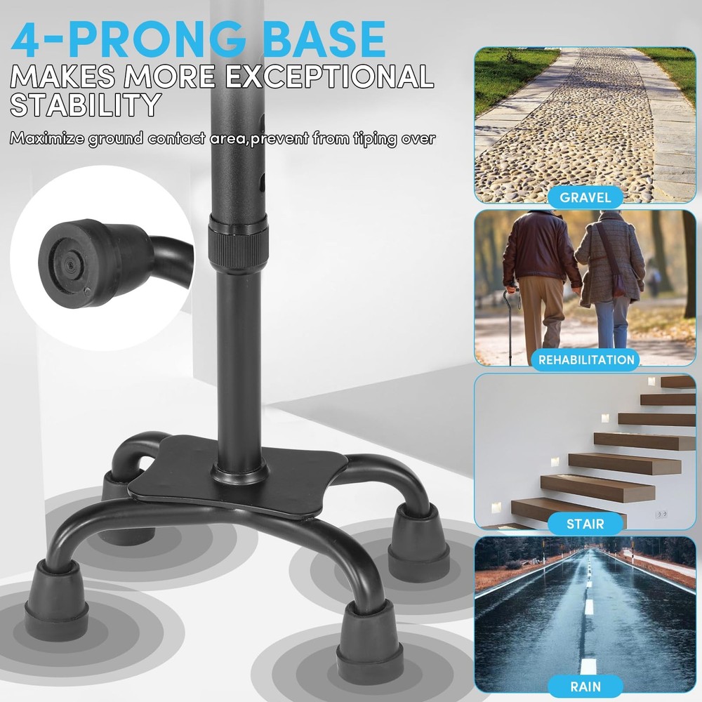 Adjustable Walking Cane, 4-Prong Base, Foldable, Foam Offset Handle, 3 Tips