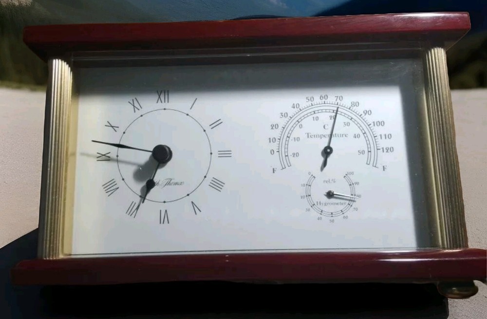 Seth Thomas Brass Deck Clock with Temperature and Hygrometer Cherry Wood