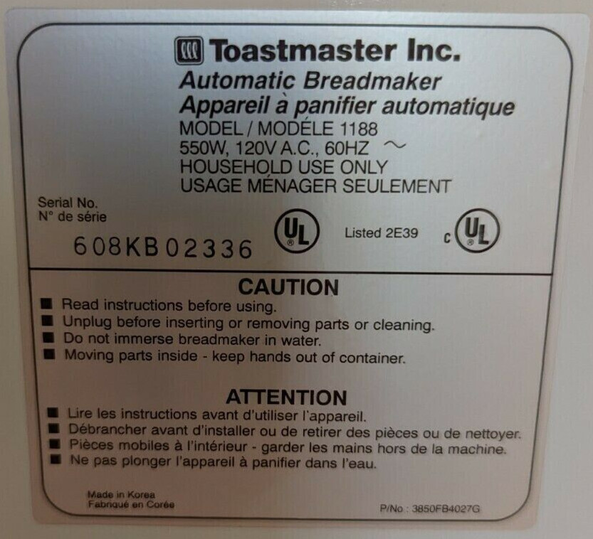 Lid for Toastmaster Bread Maker Machine Models 1183 1188 1189S only
