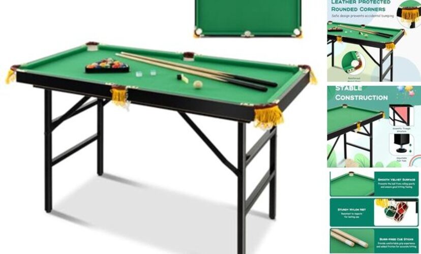 47" Folding Billiard Table, Pool Game Table Includes Balls, Black & Green