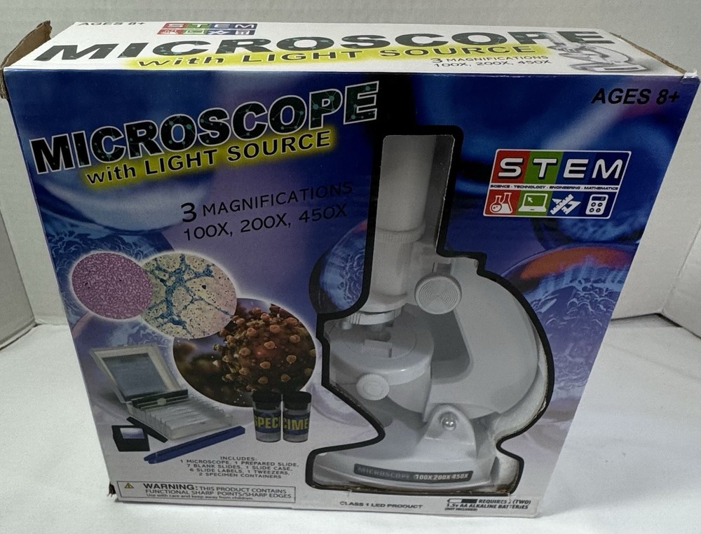 Stem White Microscope Kit W/ Light Source 100, 200, 450 Magnification Complete