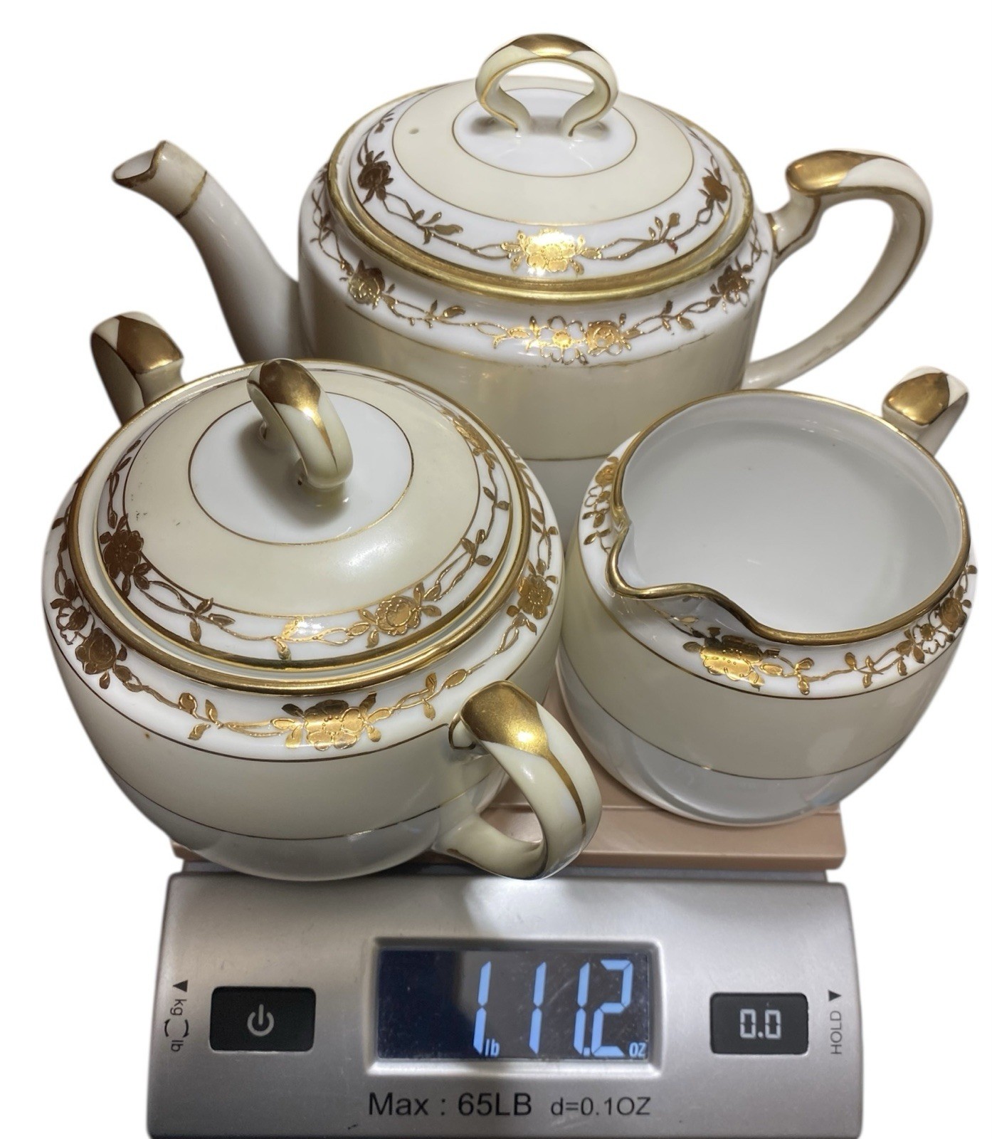 Handpainted Nippon Teapot Lid Creamer Sugar Bowl Lid Beige Gold Gilt Trim Floral