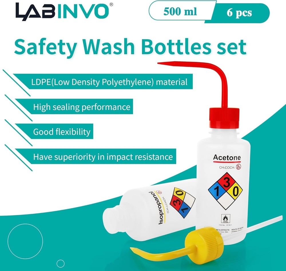 Lab Rinse Squeeze Bottles, Printed Labels, 6PCS