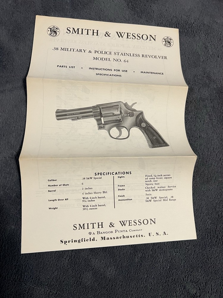 Factory Original Smith & Wesson Model 64 Manual S&W