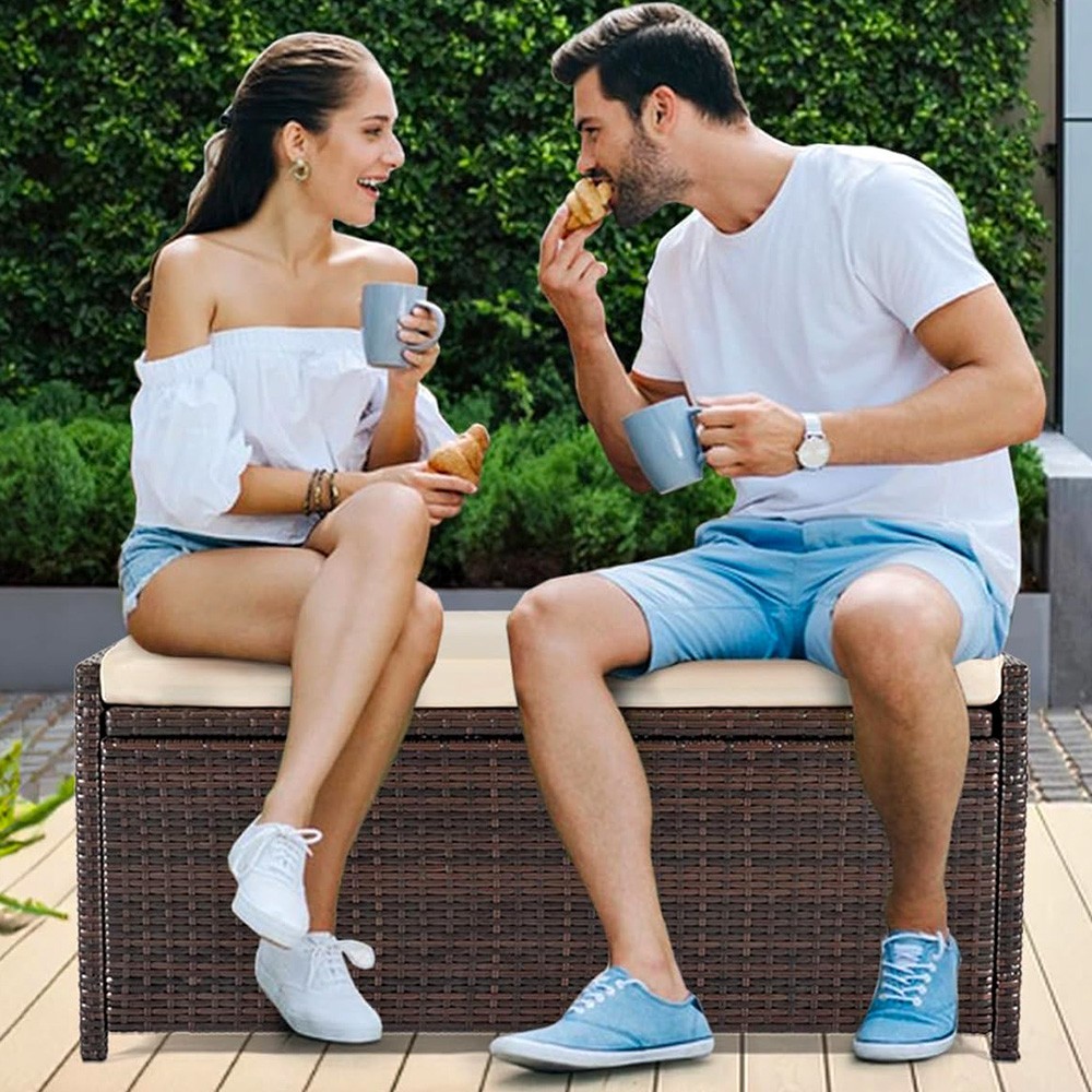 WICKER DECK OUTDOOR STORAGE BOX RATTAN BENCH HAND-WOVEN WITH CUSHION 55 GALLON