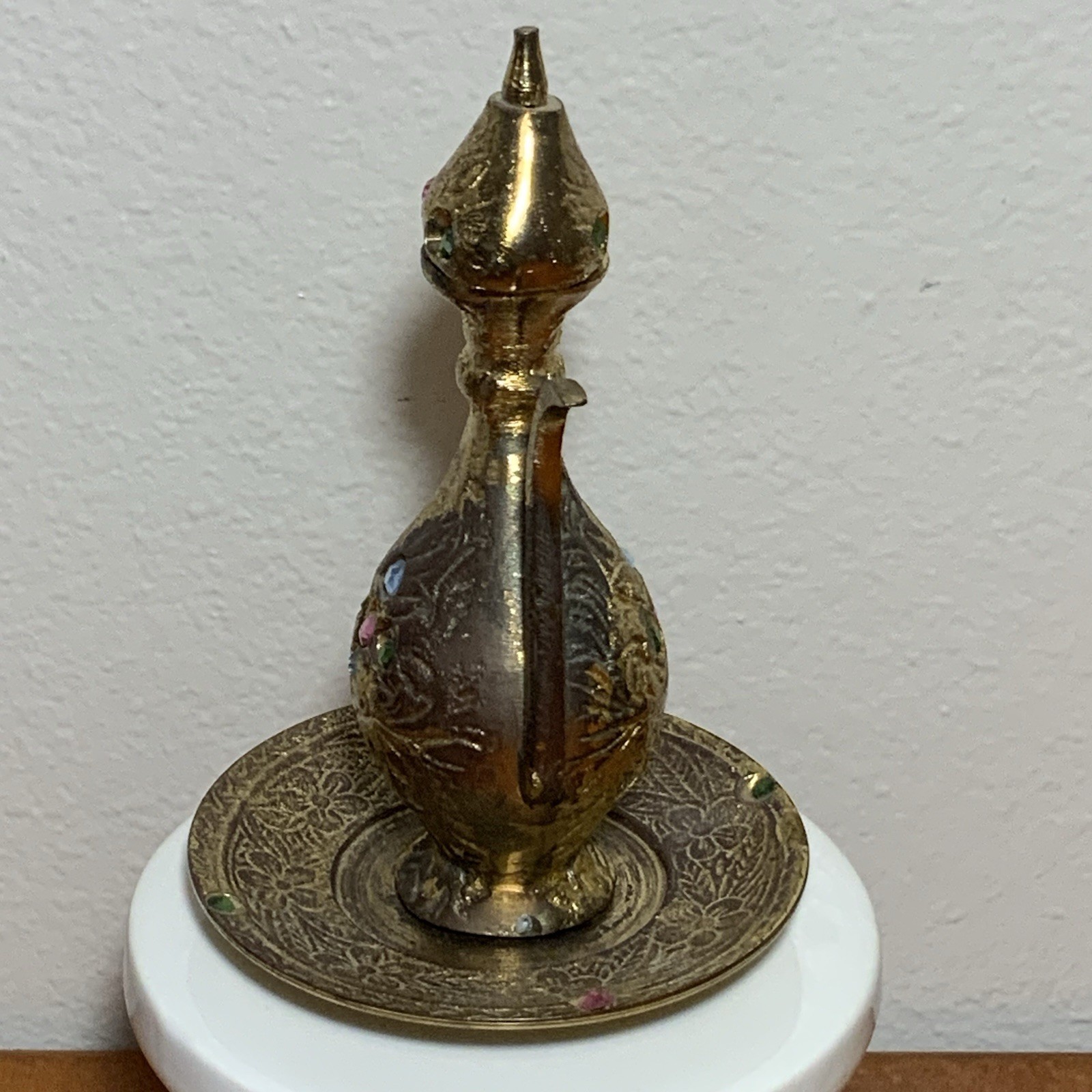 Vintage India Brass Mini Ewer Jeweled Saucer Broken Lid Middle Eastern Decor