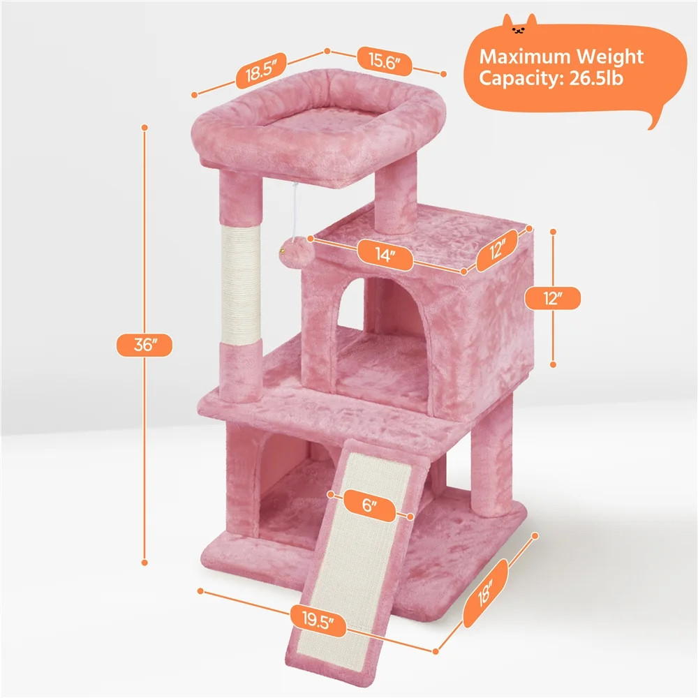 Pink Cat Tree 36 Inch Multi Level Condo Scratching Post Tower Durable Interactiv