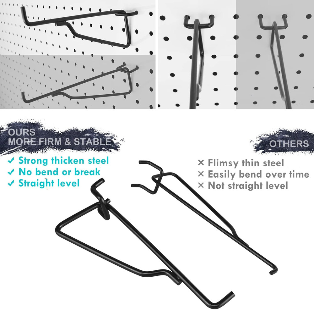 Pegboard Shelf Hooks, 8PACK 6" Black Metal Utility Hook Set, 1/4 Inch Peg Board