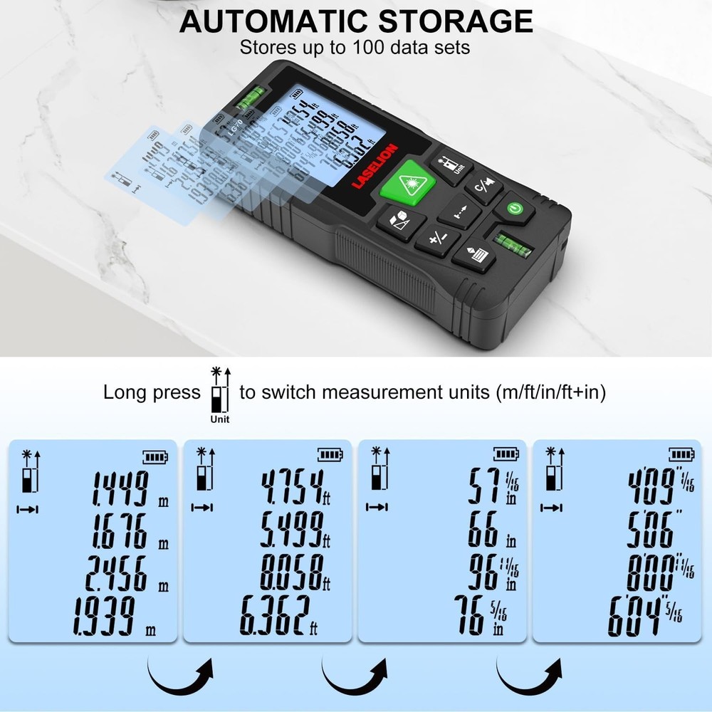 Multi-Function Green Laser Measuring Tool - Area and Volume Measurement, 229ft