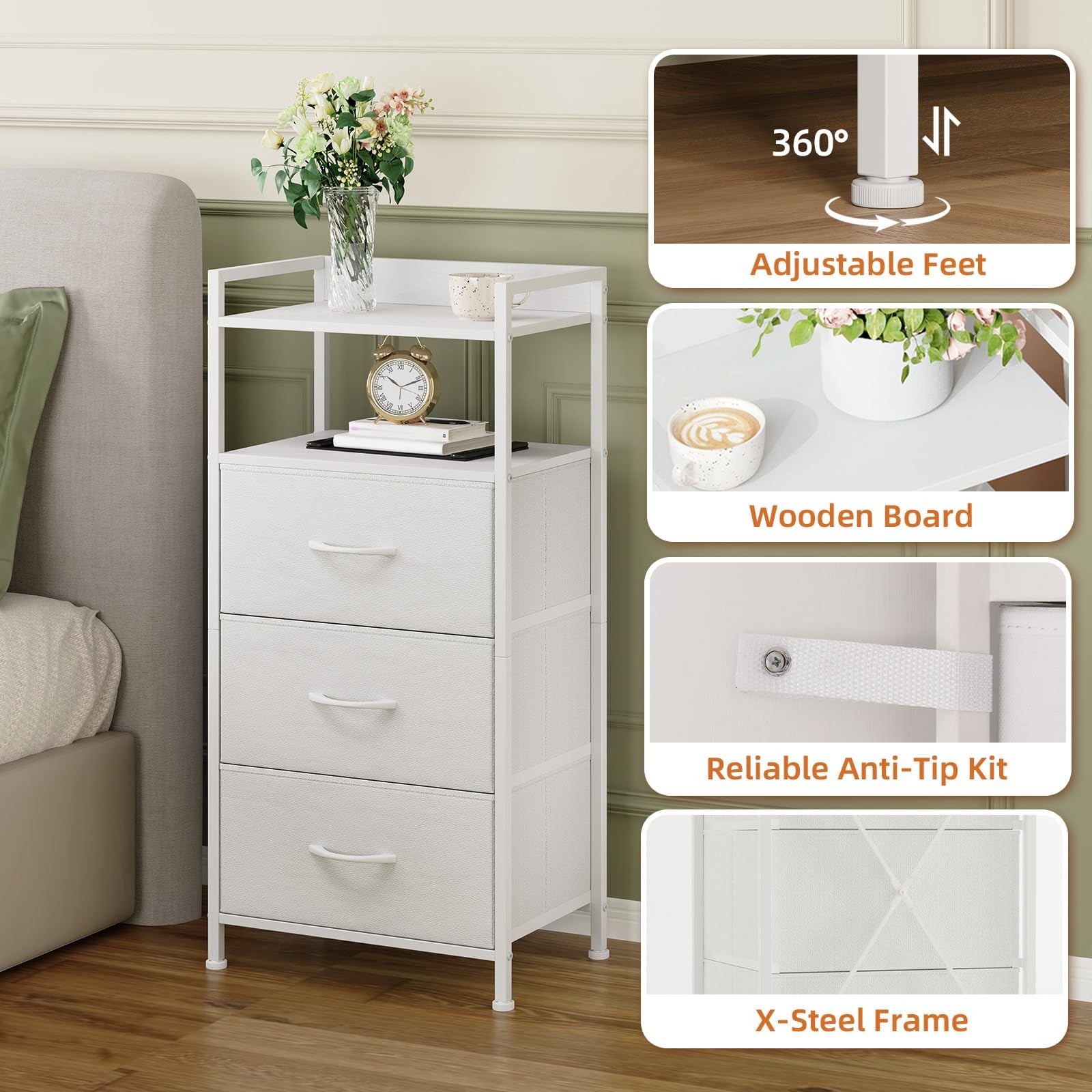 3-Drawer Nightstand with Fabric Bins, Wood Top Steel Frame, White