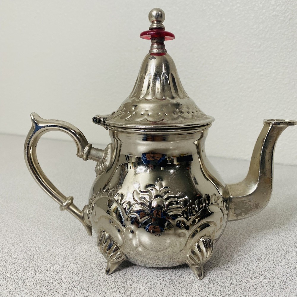 Vtg MAGMA SILVER PLATED TEA POT TURKISH COFFEE POT MADE IN MOROCCO Red Disk