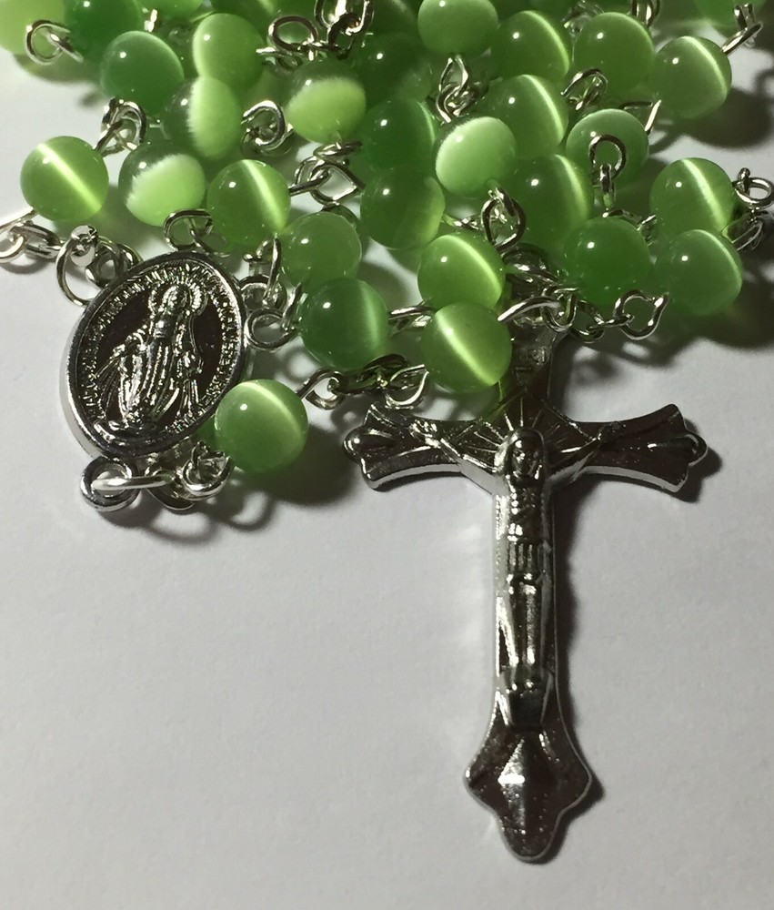 Light Green Cats Eye Catholic Prayer Rosary Beads