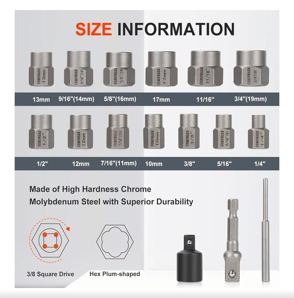 COMOWARE Bolt Extractor Screw Extractor & 1-Piece Socket Adapter Set Remover HSS