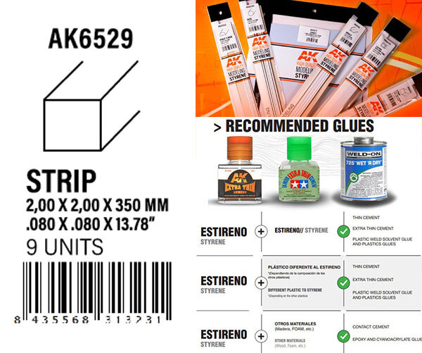 AK-Interactive Styrene Strips 2.00 x 2.00 x 350mm (9pcs)