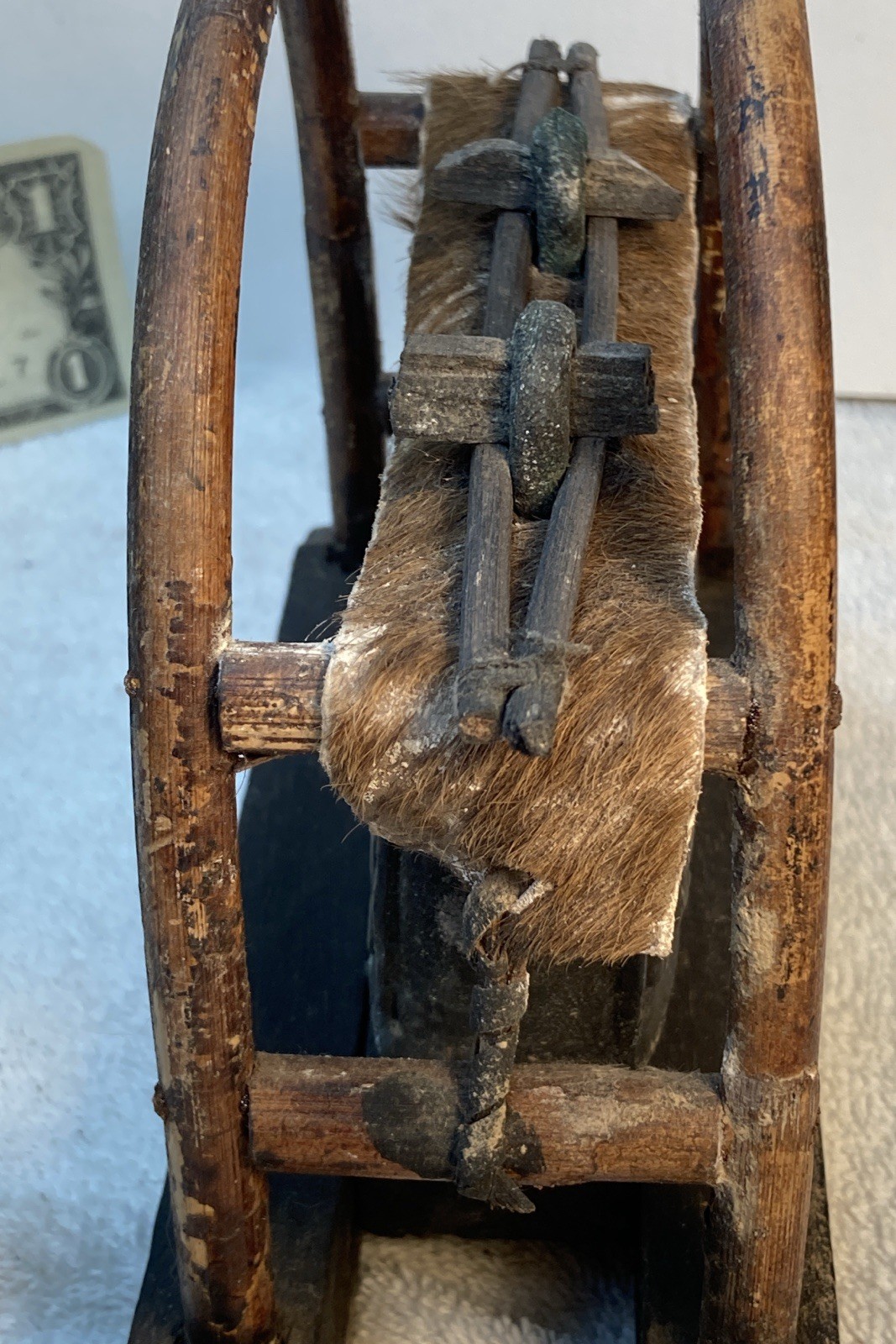 Vtg Karen Hill Tribe Double Elephant Bell w/ Bent Wood Stand & Hide - Thailand