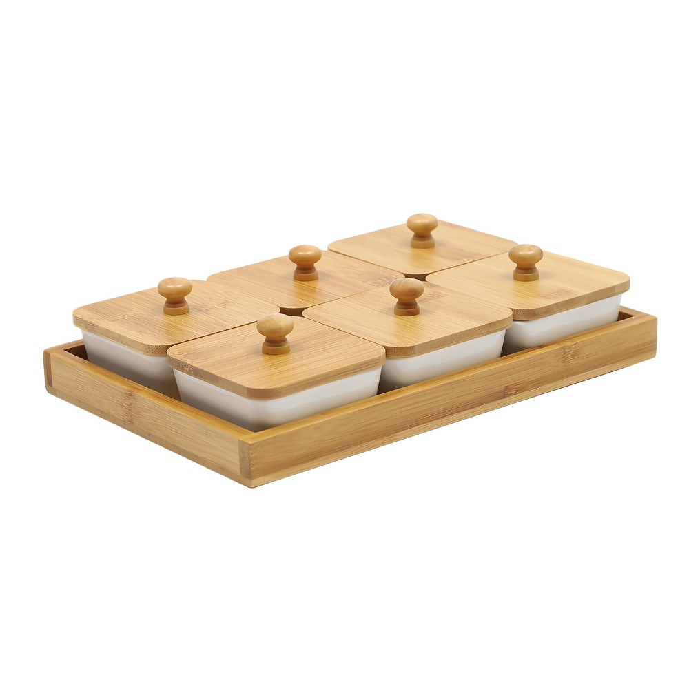 Ceramic Snack Serving Tray Set with Bamboo Lids - 6 Piece Platter