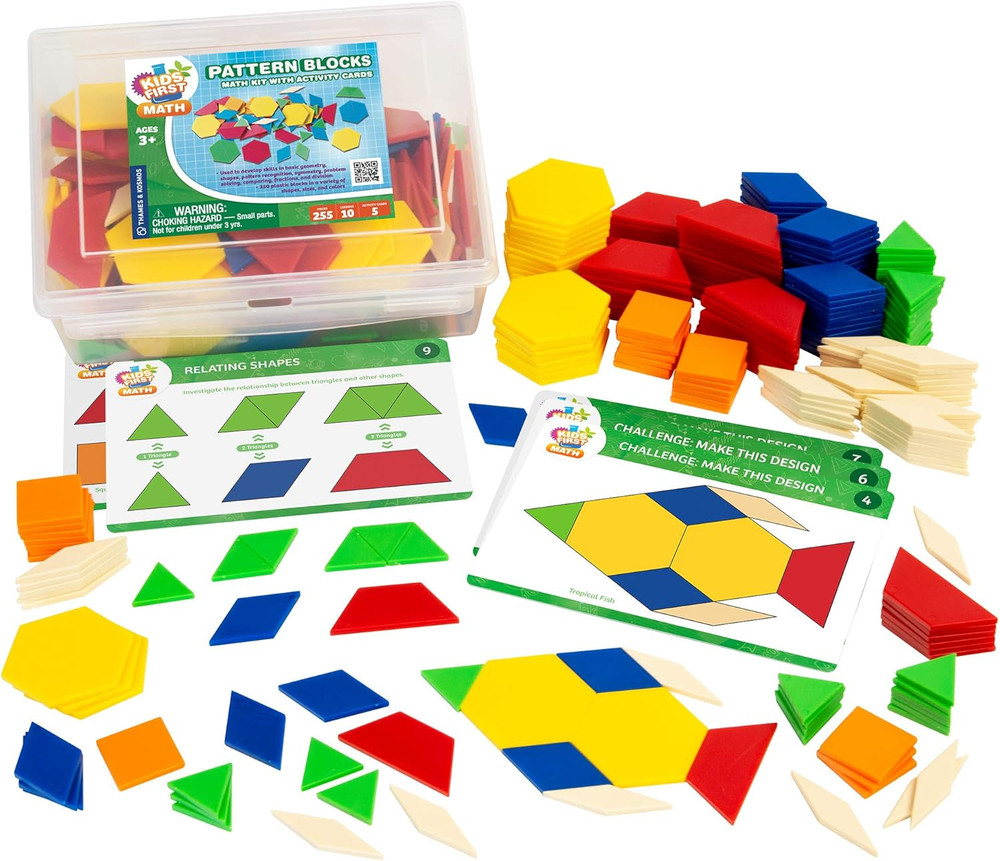 Kids First Math: Pattern Blocks Math Kit W/Activity Cards | 250 Colorful Plastic