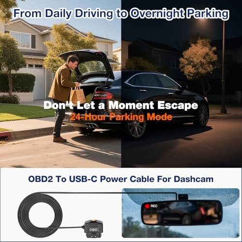 OBD Power Cable for Dash Camera,OBD2 to USB C Adapter Hardwire Kit with Low