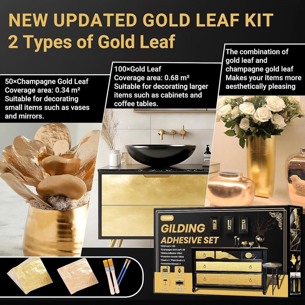 Versatile Gold Leaf Gilding Kit, 100ml Water-Based Adhesive & Tools Included