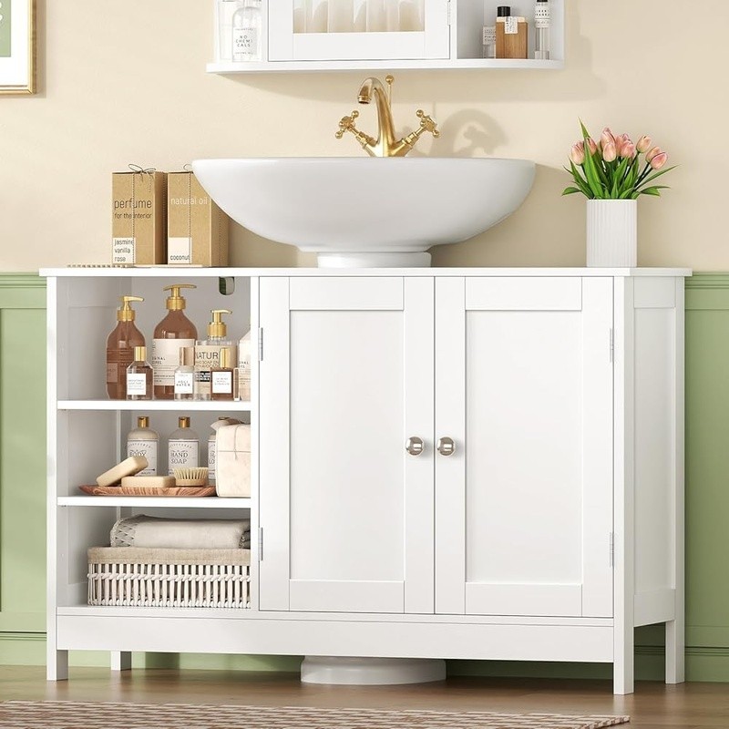 Under Sink Storage Cabinet Adjustable Shelves U-Shaped Cutout Moisture Resistant