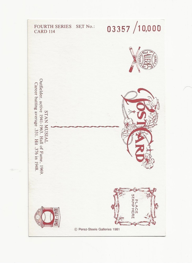 STAN MUSIAL SIGNED PEREZ-STEELE POSTCARD