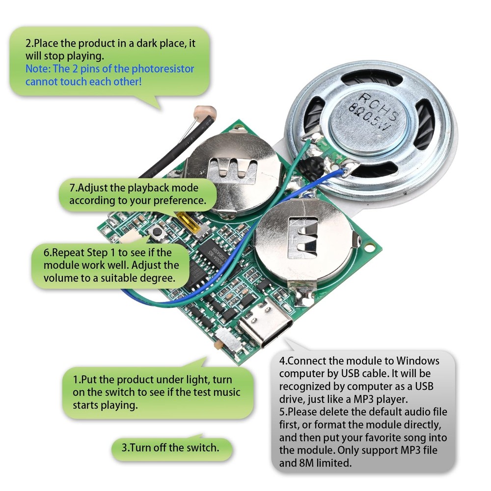 Icstation DIY Light Sensor Sound Module, Type-C USB 45*40mm, 8M