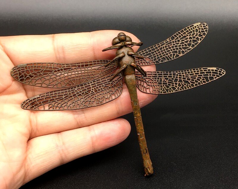 Solid Brass Dragonfly Statue Insect Figurine Netsuke Craft Decor