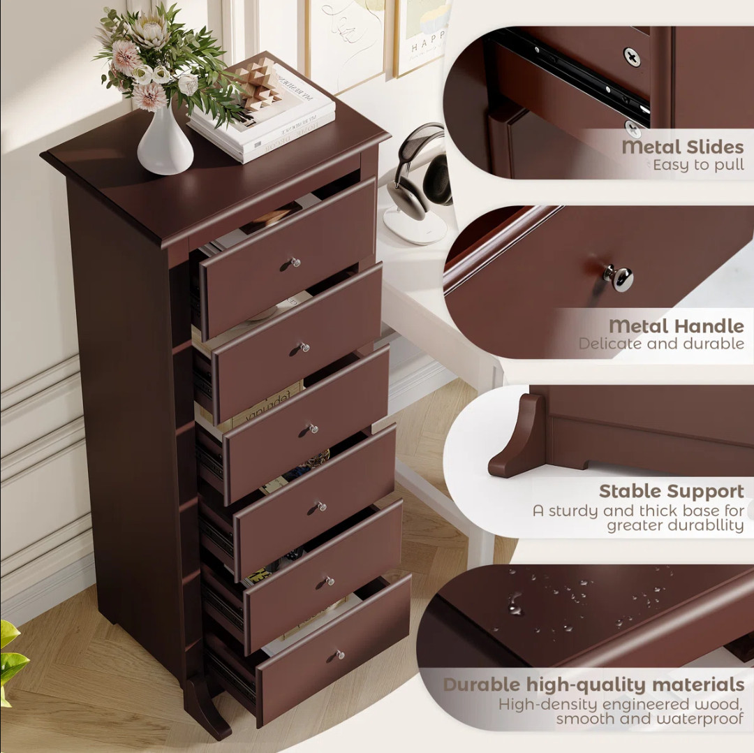 6 Drawer Chest Dresser Clothes Storage Bedroom Wood Tall Furniture Cabinet Brown