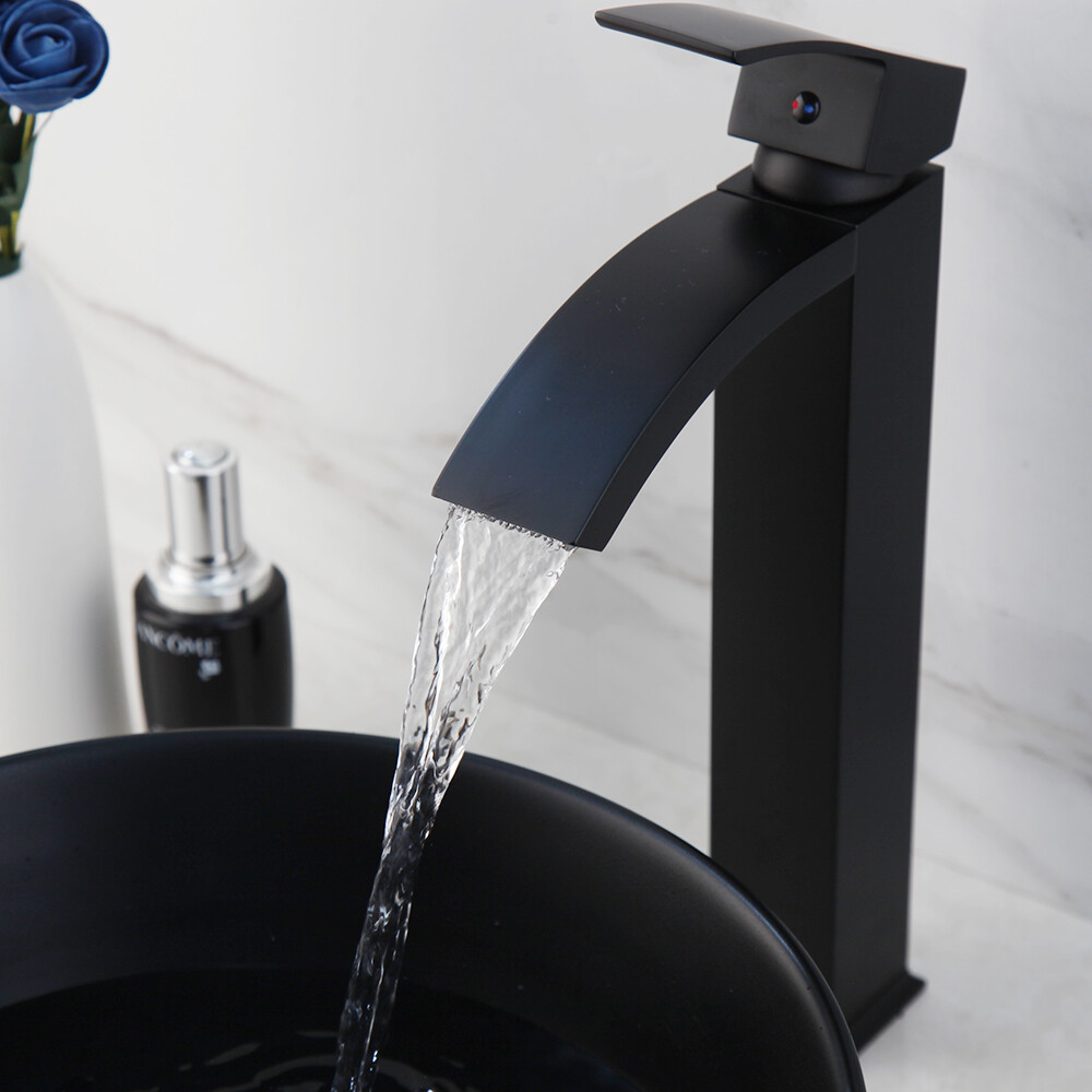 Ceramic Round Black Bathroom Vessel Sink Washing Basin Bowl Waterfall Faucet Tap
