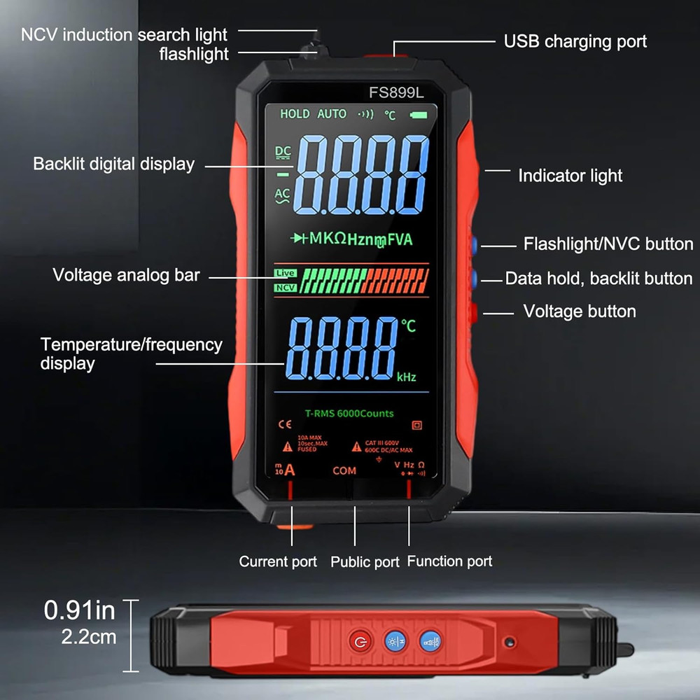 FS899L Digital Multimeter with Color Screen & Storage Case, USB C Rechargeable E