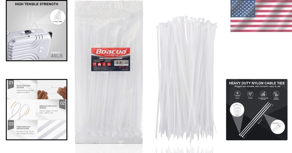 100 Pack 12 Inch Heavy Duty Self-Locking Nylon Zip Ties - Versatile & Durable