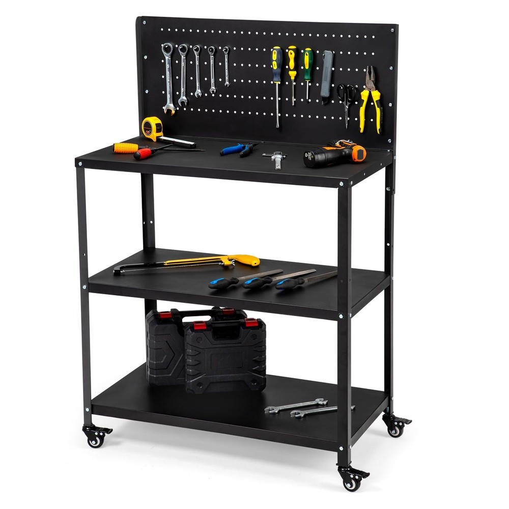 Heavy Duty 200LBS Workbench with Pegboard & Lockable Wheels, Rolling Tool Storag