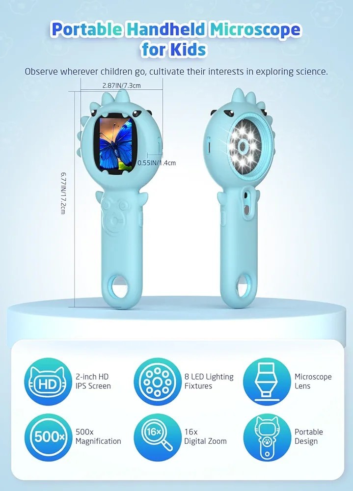 2-in-1 Microscope Camera for Kids, Mini Handheld Blue Dinosaur