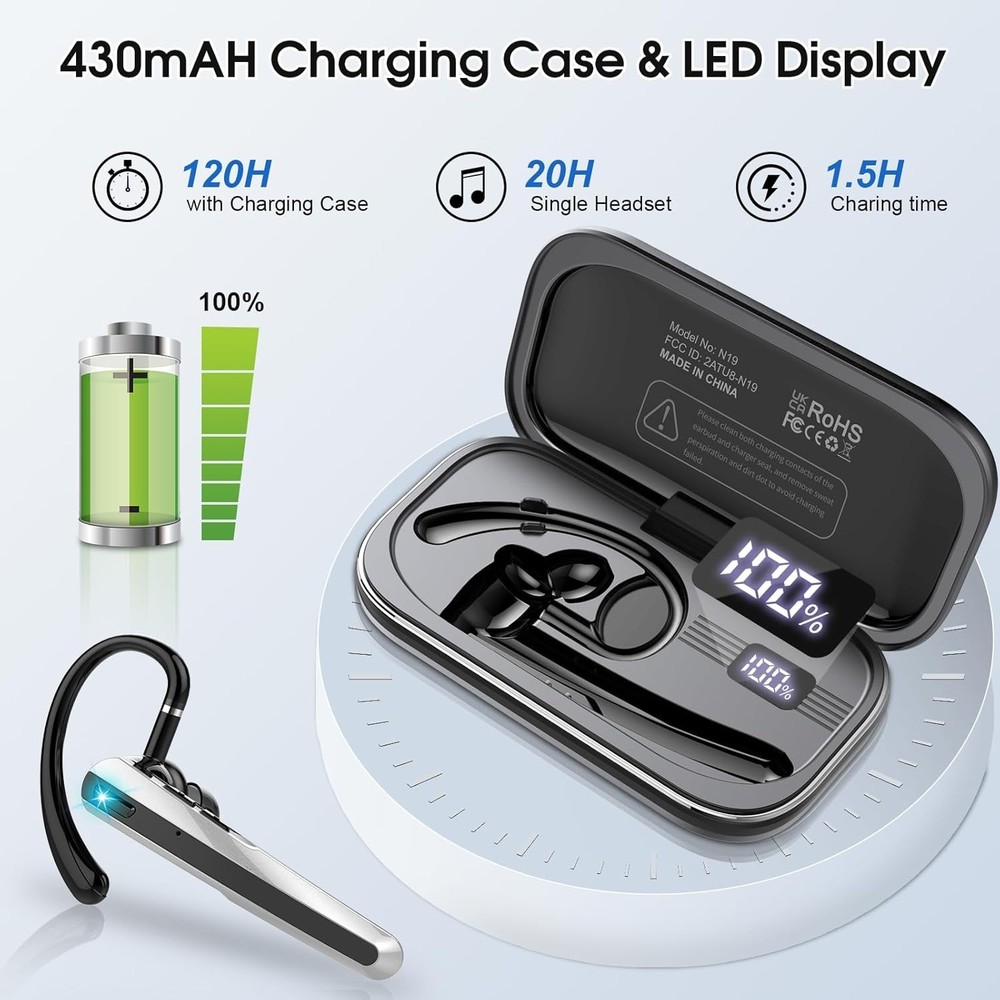 Single-Ear Wireless Headset with Active Noise Cancellation & Long Battery Life